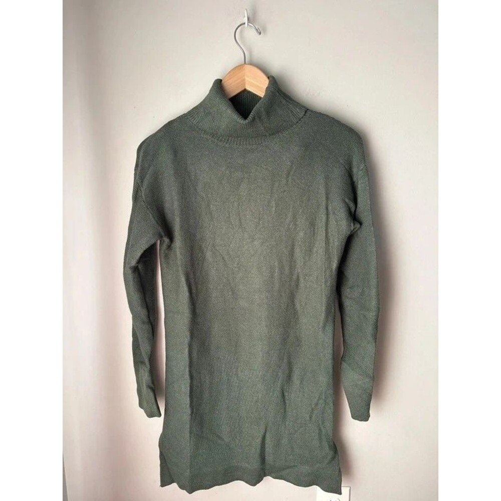 Btfbm Turtleneck Knit Sweater Dress Long Sleeve Side Slits Dark Green